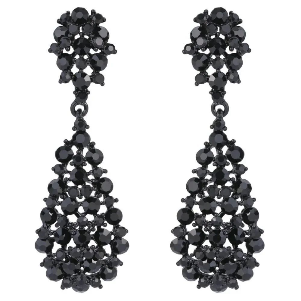 Carbon Black and Black Onyx Austrian Crystal Hollow Teardrop Chandelier Earrings